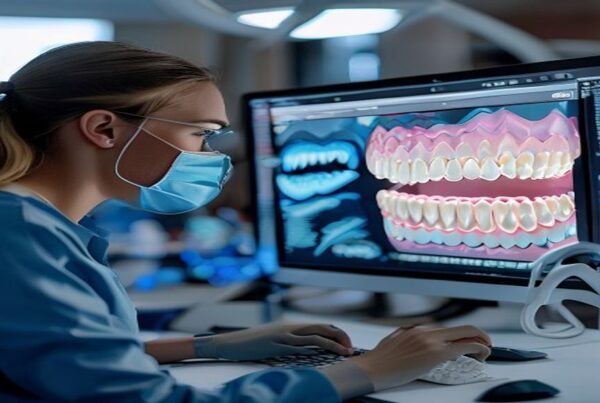 Articulateur virtuel numérique affiché à l'écran pour analyser l'occlusion des arcades dans un laboratoire de prothèse dentaire