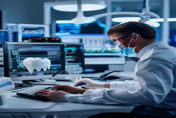 Prothésiste utilisant l'intelligence artificielle en CFAO dentaire pour la conception automatique d'une prothèse au laboratoire