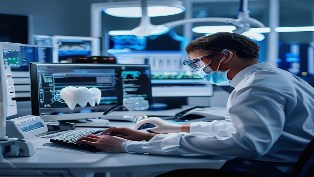 Prothésiste utilisant l'intelligence artificielle en CFAO dentaire pour la conception automatique d'une prothèse au laboratoire