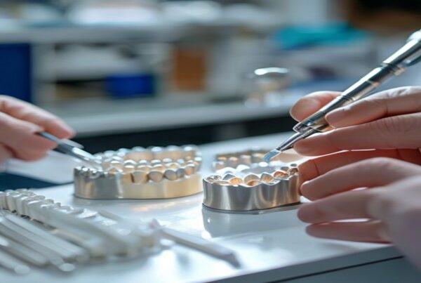 Pilier personnalisé et suprastructure d'une prothèse sur implant en cours de finition au laboratoire